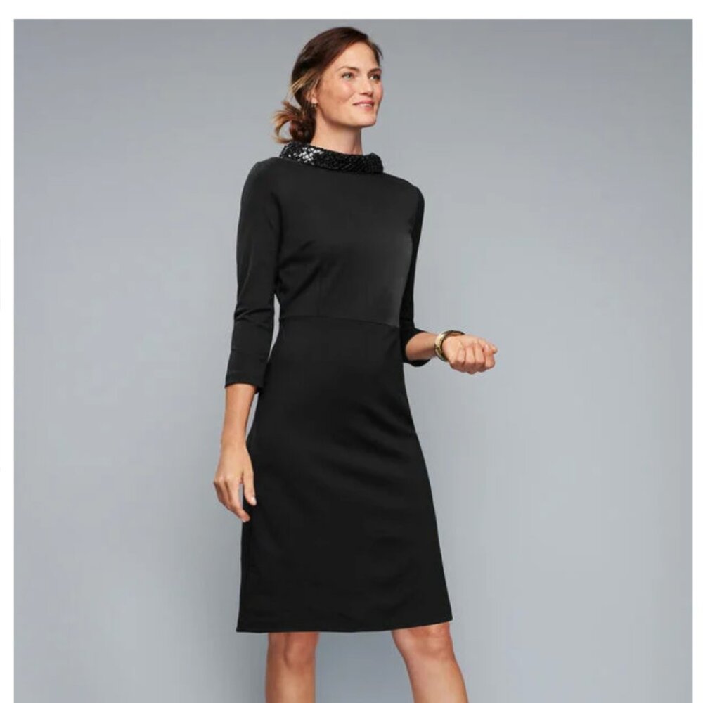 Talbots Black Sequin Detail Mockneck Ponte Knit 3/4 Sleeves Dress Size 8 Petite